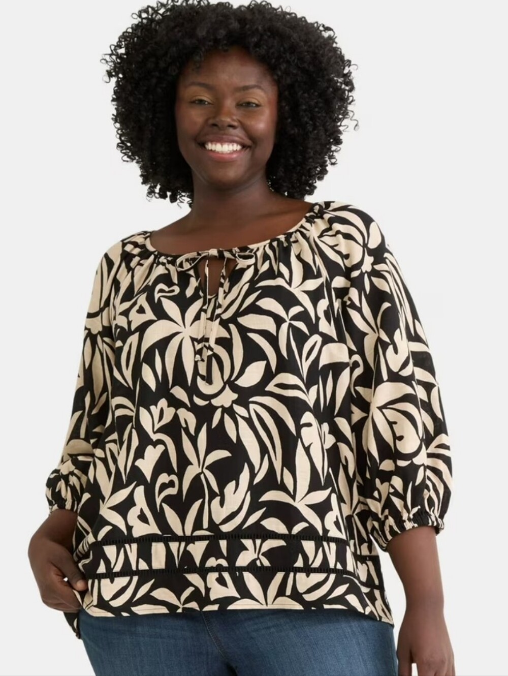 Terra & Sky Black Cream Botanical Leaf Linen-Blend Peasant Flowy Boho Blouse, 1X